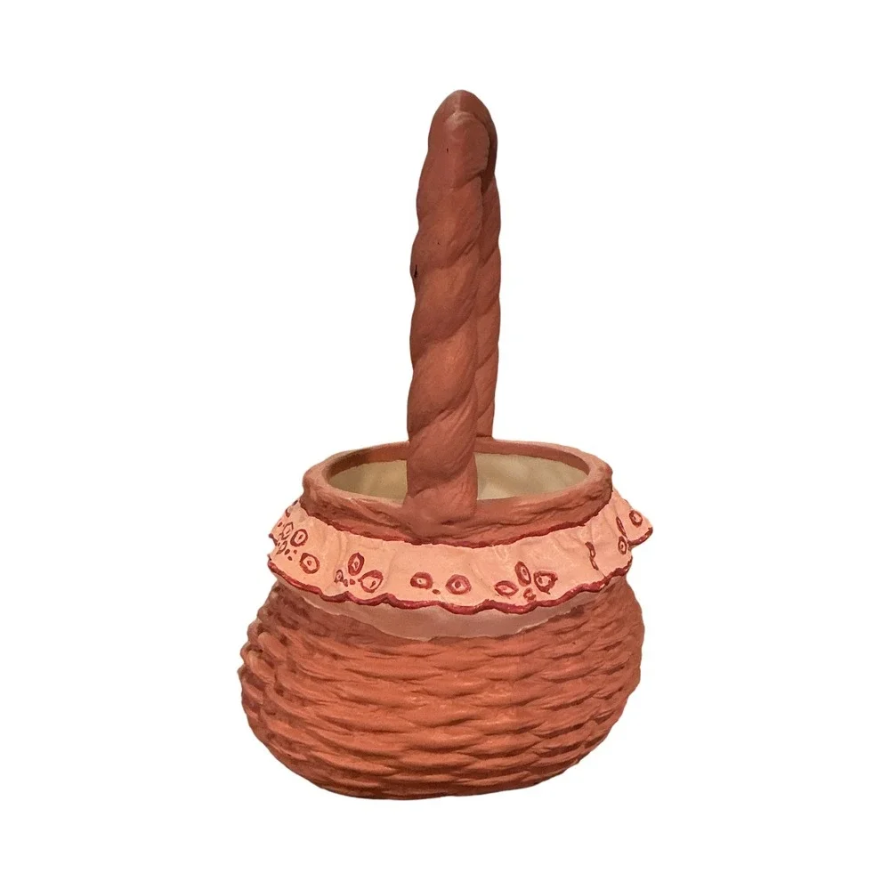 Vintage Ceramic Woven Basket Planter Terracotta Ruffle Floral Detail 7.5 Inch